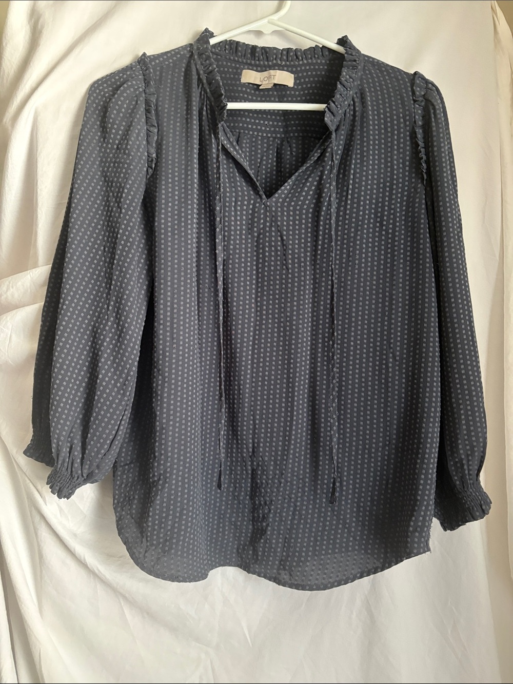 LOFT Gray Dot Tie-Front Ruffle Blouse